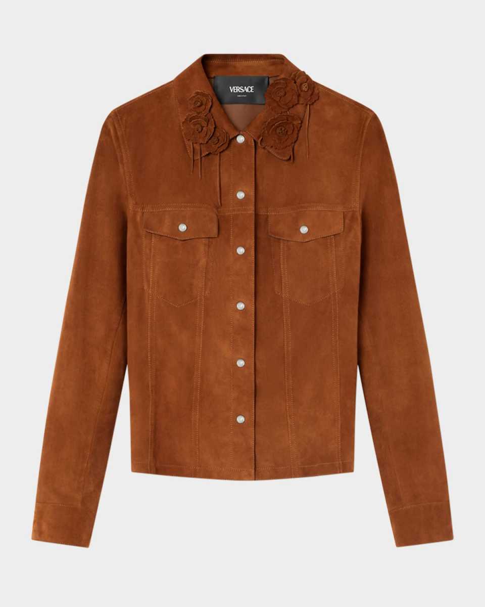 Goatskin Suede Floral Applique Jacket